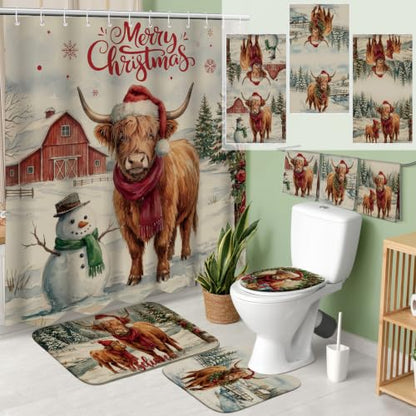 Vesici Waterproof Christmas Shower Curtain Set Highland Cow