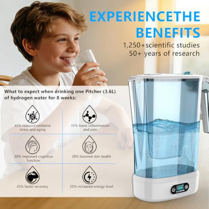 White Hydrogen Water Filter Pitcher BPA Free Electrolysis Jug with SPE/PEM - Removes Lead Microplastics Chlorine