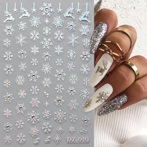Christmas Nail Stickers Set A - Silver Snowflake & Reindeer 3D Decals for DIY Manicure