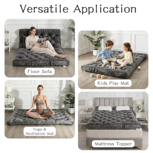 Japanese Floor Mattress Futon Queen Size Grey Foldable Roll Up Tatami Bed