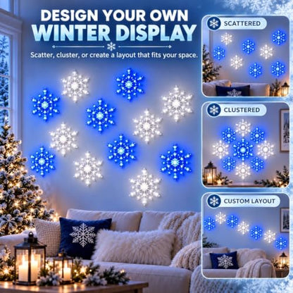 LED Snowflake Wall Decor Set with Remote Control - White, 12 Pieces - Christmas Holiday Lighting