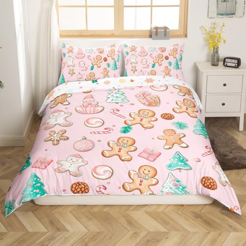 Pink King Size Duvet Cover Set with Gingerbread Man Pattern - No Comforter