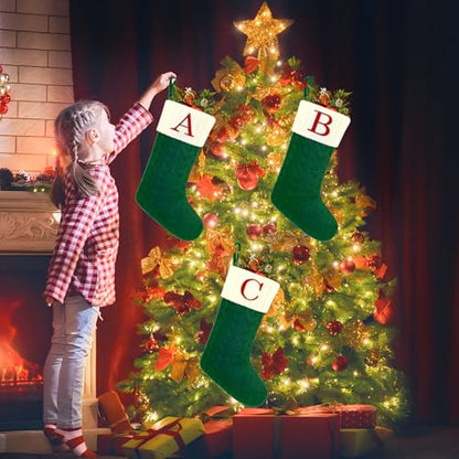 Large Green and White Christmas Stocking with Initial Letter C - 20 Inches Knit Embroidered Monogram Holiday Decor, Family Gift