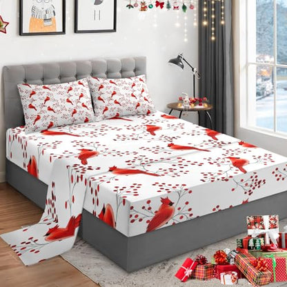 WeCozy Christmas Bird Twin Bed Sheet Set - 3 Pieces, Flat Pillowcase & Deep Pocket Fitted Sheet