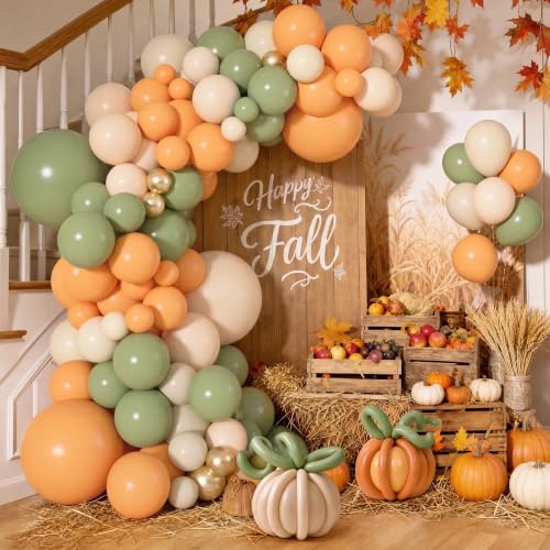 Sage Green Orange Balloons Garland Arch Kit - 164 Pcs Fall Party Decorations