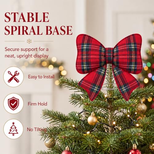 Plaid Bow Christmas Tree Topper Felt Holiday Decor - 9.06 Inches - Red Buffalo Plaid - Stable Spiral Base - Farmhouse Style