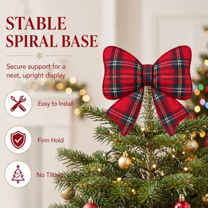 Plaid Bow Christmas Tree Topper Felt Holiday Decor - 9.06 Inches - Red Buffalo Plaid - Stable Spiral Base - Farmhouse Style