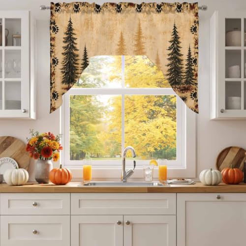 Vintage Wildlife Swag Curtains Valance and Tier Set Black & Brown / 56x36 Inch