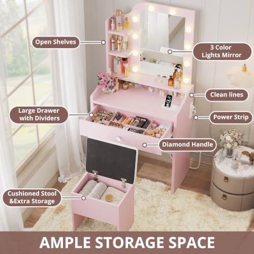 Vanity Desk with Mirror Lights & Storage Stool - Pink (Variation of THIS listing: Pink)
