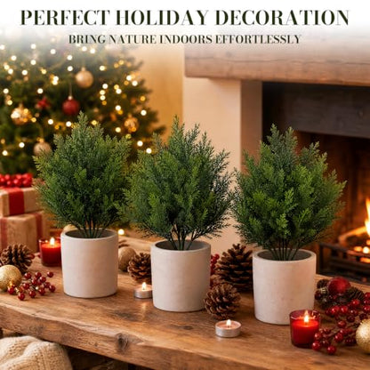 4 Pack Mini Artificial Cedar Bush for Christmas - White, Farmhouse Decor