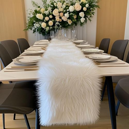 White Faux Fur Table Runner 12x60 Inch Christmas Holiday Decor - Cozy & Elegant