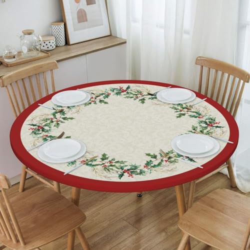Christmas Round Tablecloth 44 Inch Fitted Holiday Cover with Elastic Edge - Green & Gold Leaf