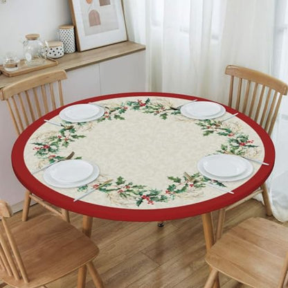 Christmas Round Tablecloth 44 Inch Fitted Holiday Cover with Elastic Edge - Green & Gold Leaf