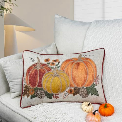 Fall Pumpkin Embroidery Throw Pillow Cover 14x20 Inch Rustic Harvest Decor