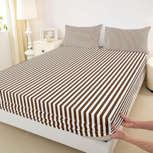 Brown White Stripe Bed Sheets Queen Size Bedding Set with Deep Pockets