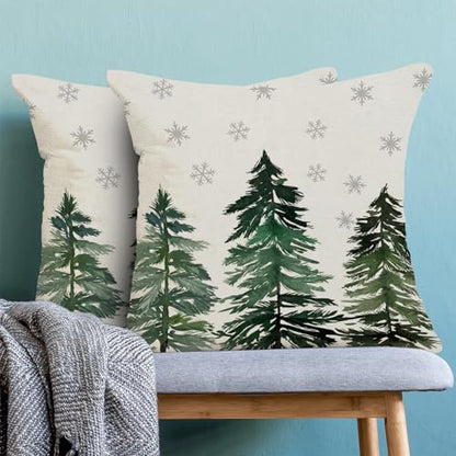 Sage Green Christmas Pillow Covers 18x18 Inch Set of 2 Snowflake & Tree Design
