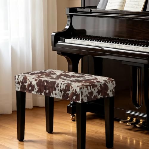 Dark Brown Cow Print Piano Stool Cover Small Slipcover with Bottom Straps