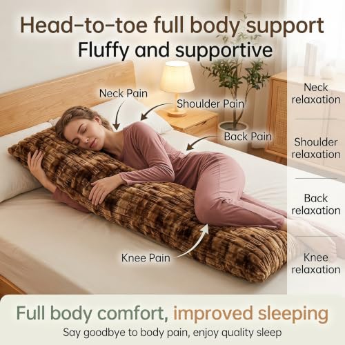 Brown Faux Fur Body Pillow 20x54 inch Plush Long Adjustable Support Pillow