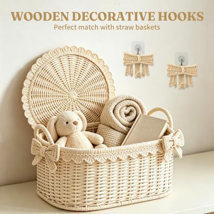 4 Pack Handwoven Rattan Bow Wall Hooks - Boho Decorative Wall Hangings