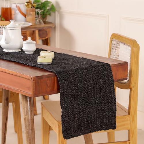 Handwoven Braided Jute Table Runner Reversible - Black 13x108 Inches