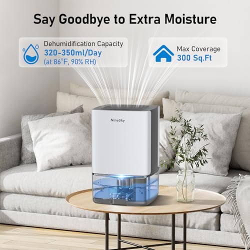 NineSky Small Dehumidifier with 35oz Water Tank, 7 Colorful Lights, Auto Shut Off - White Gray
