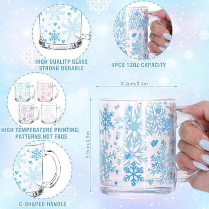 Christmas Snowflake Glass Coffee Mug Set - 12 oz Holiday Drinkware