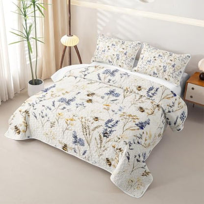 Wild Blue Floral King Quilt Bedding Set - Soft Breathable Polyester