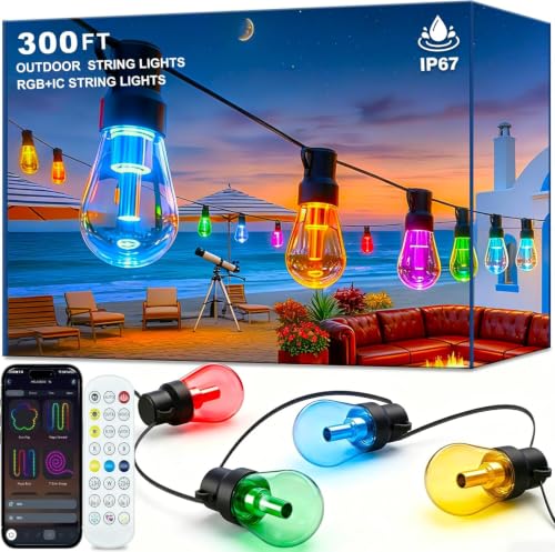 300FT RGB+IC Outdoor String Lights Dimmable Waterproof LED Bulbs - Multicolor DreamColor Chasing Lighting