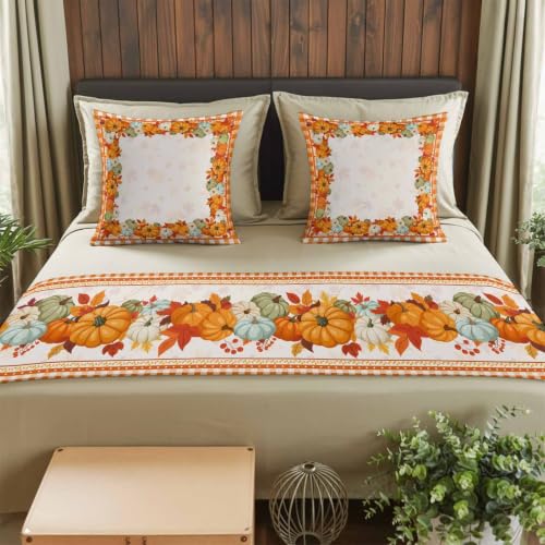 Fall Bed Runner with Matching Pillow Covers - Cal King Size 102x20 Orange Maple Leaves & Pumpkin Decor
