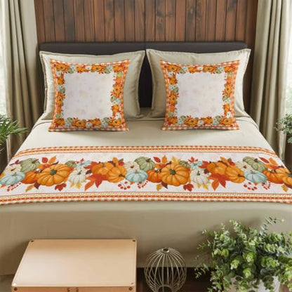 Fall Bed Runner with Matching Pillow Covers - Cal King Size 102x20 Orange Maple Leaves & Pumpkin Decor