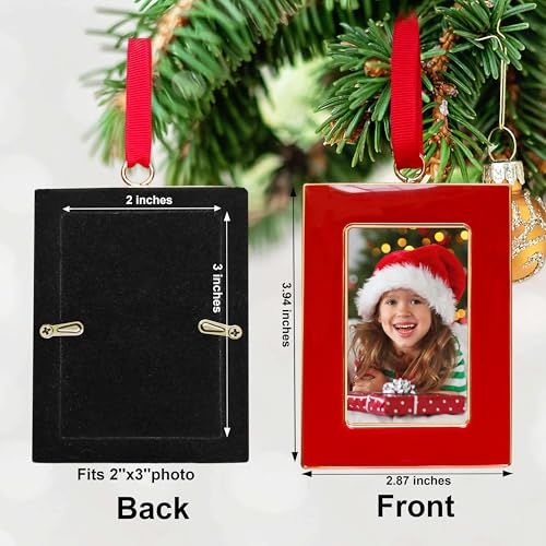 Christmas Picture Frame Ornaments Set of 4 - 2x3 Inch Red Mini Frames with Ribbon