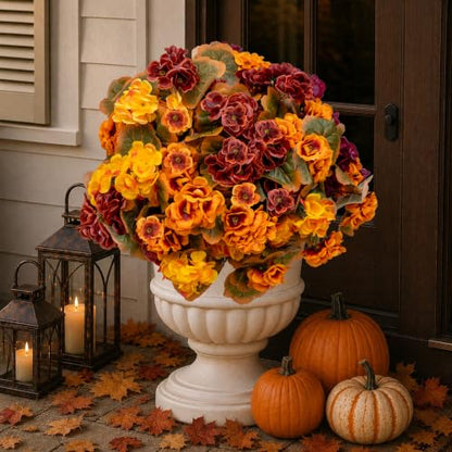 Artificial Geraniums for Outdoors - Fall Mixed Colors, 8 Bundles, Weather-Resistant