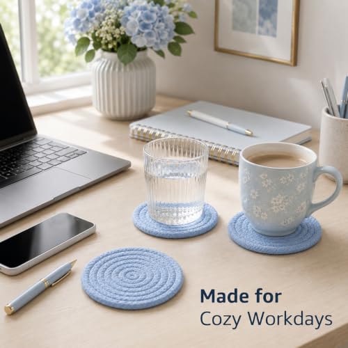 Blue Boho Cotton Woven Drink Coasters Set of 8 with Holder