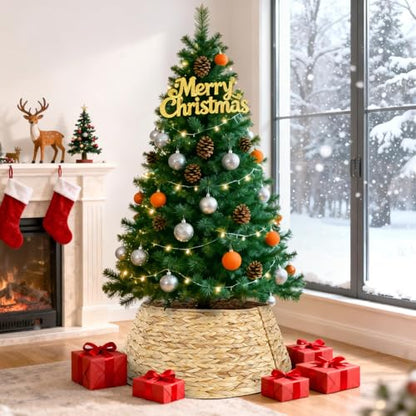 Round 27-Inch Rustic Woven Rattan Christmas Tree Collar - Natural Basket Cover for Artificial Xmas Tree