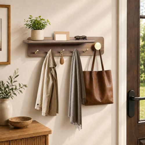 Wall Mount Coat Rack with Shelf and Brass Hooks - Solid Wood Entryway Organizer