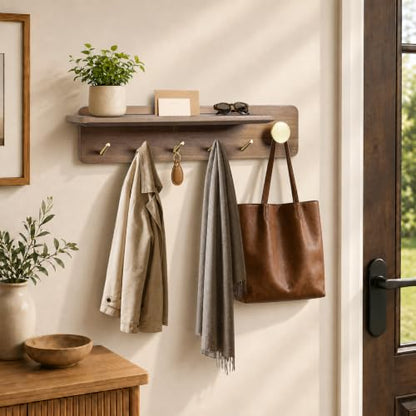 Wall Mount Coat Rack with Shelf and Brass Hooks - Solid Wood Entryway Organizer