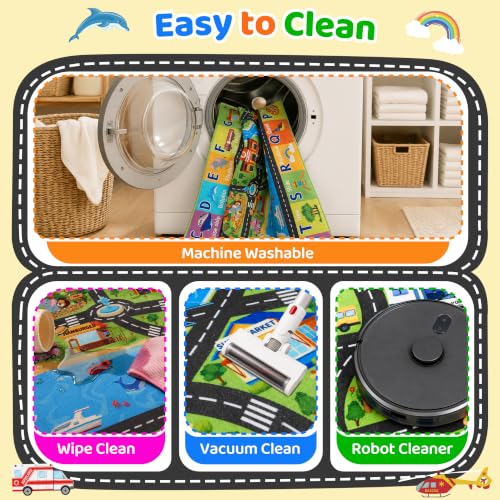 Kids Play Rug 3x5 ft Non-Slip Car Road Play Mat - Washable Soft Road Carpet for Kids Room, Playroom, Classroom, Car Rug 1, 3 x 5 Feet