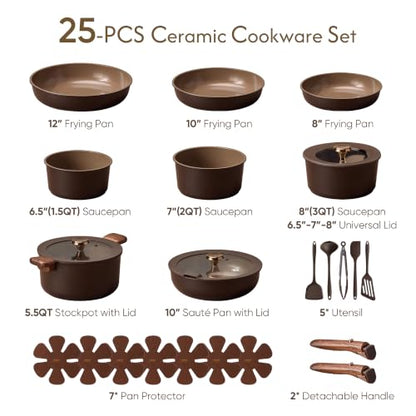 Ceramic Cookware Set with Detachable Handles - 25 Pieces, Brown