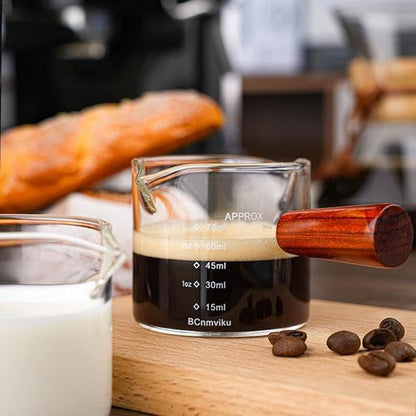 BCnmviku Double Spouts Measuring Pitcher - 75ML Clear Glass Milk Cup with Wood Handle