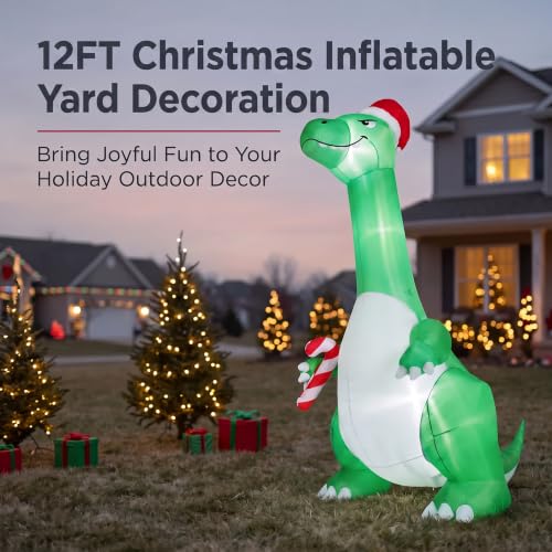 Green 12FT Christmas Inflatable Dinosaur with Santa Hat - Outdoor Holiday Decor