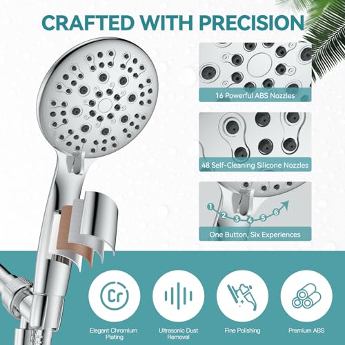 JDO High Pressure Handheld Shower Head - Silver, 6 Spray Modes