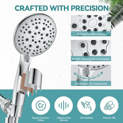 JDO High Pressure Handheld Shower Head - Silver, 6 Spray Modes