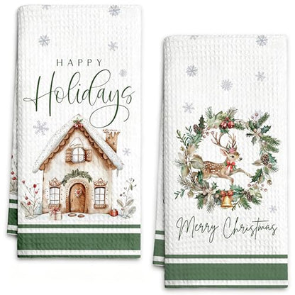 Christmas Kitchen Towels Set of 2 - Green 03, Reindeer & Wreath Design, 16x24 Inch Farmhouse Holiday Decor