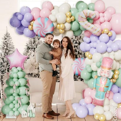 Pastel Christmas Balloon Garland Arch Kit – 176 Pcs with Nutcracker & Candy Cane Foil Balloons – Green, Pink, Purple (Variation: Green Pink Purple)