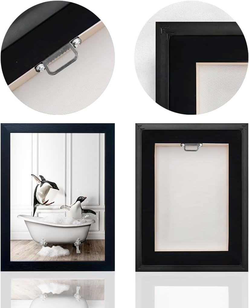 Skiennix Kids Bathroom Wall Art - Framed Black and White Penguin Print | Cute Farmhouse Decor