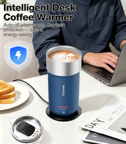 Kepwam Heated Coffee Mug 16oz with Steel Blue Finish - Temp Control, 3 Settings
