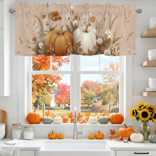 Pumpkin Leaves Fall Valance for Windows - Seasonal Short Curtain for Kitchen & Bathroom