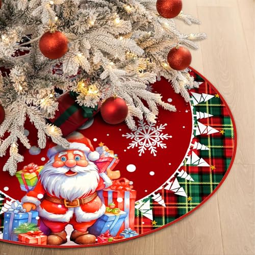 48 Inch Christmas Tree Skirt Green White Snowflake with Santa Red Buffalo Plaid Edge - 48" Plush