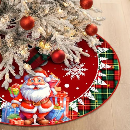 48 Inch Christmas Tree Skirt Green White Snowflake with Santa Red Buffalo Plaid Edge - 48" Plush
