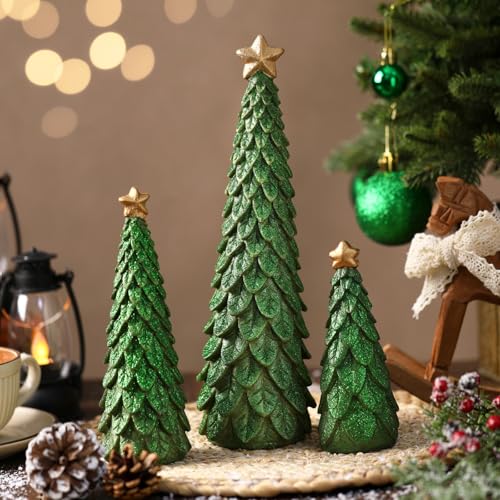 Beeveer 3-Piece Christmas Tree Figurines Set Glitter Resin Table Decor - Green